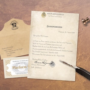 Hogwarts Zulassungsschreiben personalisierbare Canva-Vorlage Schulmaterial mit Bücherliste Zugticket Geschenkidee Geschenkset Harry Potter