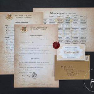Hogwarts personalisierter Zulassungsbrief Gryffindor mit Wachssiegel | Bücherliste | Stundenplan | Zugticket Hogwartsexpress