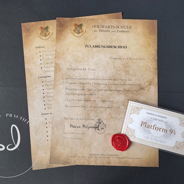 Hogwarts Zulassungsschreiben personalisiert mit Wachssiegel Bücherliste Zugticket Geschenkidee Harry Potter