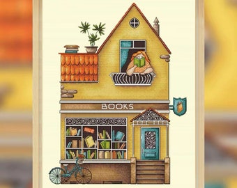 May include: A yellow building with a red tiled roof and a sign that says "BOOKS". The building has a window with a person reading a book inside. There is a bicycle parked in front of the building.