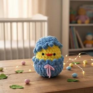 May include: A crocheted chick emerging from a blue eggshell. The chick is yellow with a red beak and black eyes. The eggshell is blue with a pink bow. Decorative Easter eggs and leaves are on the wooden surface.