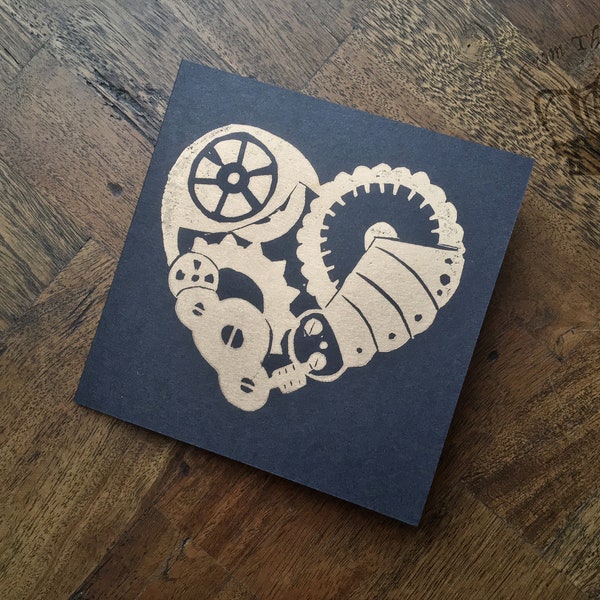 Clockwork Heart Valentine's Card - Handmade linocut print card, mechanical heart, steampunk, anniversary card, wedding card