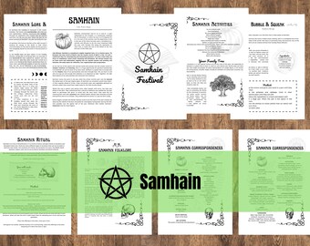 May include: A printable guide to the Celtic holiday of Samhain, with information on lore, folklore, activities, correspondences, and a ritual. The guide features black and white illustrations of a pumpkin, a skull, a pentagram, and a tree.