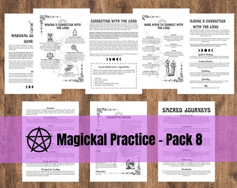 May include: A printable pack of 8 pages with instructions on how to connect with the land through magical practices. The pages are white with black text and illustrations. The title of the pack is "Magickal Practice - Pack 8".