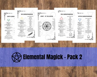 May include: Five white pages with black text and illustrations. Each page has a title: Earth Correspondences, Air Correspondences, Spirit at the Centre, Fire Correspondences, and Water Correspondences. The pages are laid out on a wooden surface. A blue banner with a black pentagram and the text "Elemental Magick - Pack 2" is at the bottom of the image.
