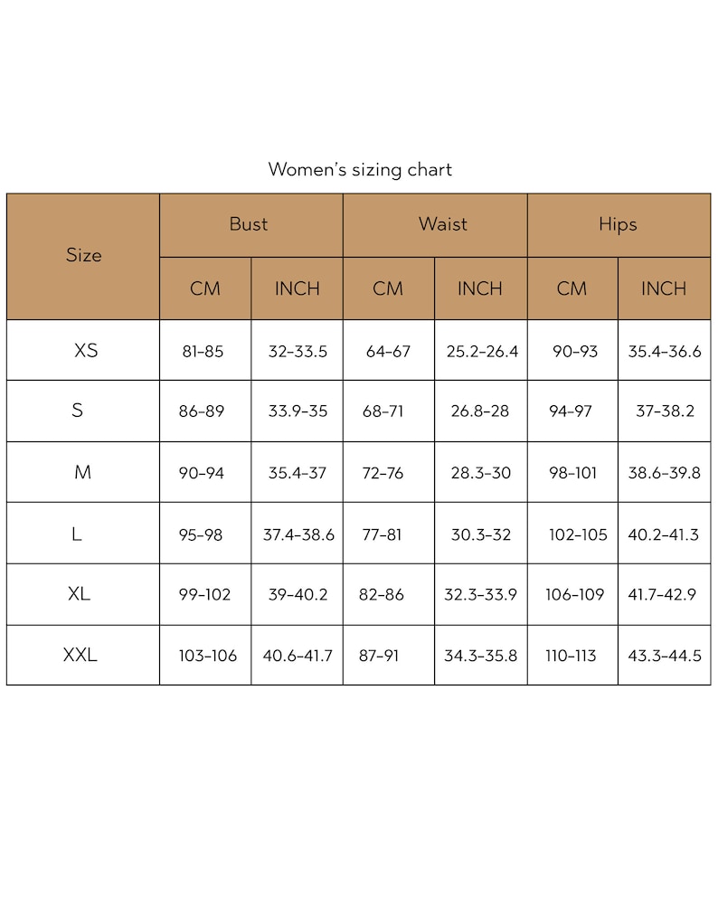 May include: A sizing chart for women's clothing with measurements in inches and centimetres. The chart shows the size, bust, waist, and hips measurements for sizes XS to XXL.