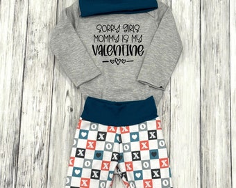 Valentine's day baby boy outfit, XOXO mommy is my valentine onesie, Valentine jogger and hat, cute boy matching Valentine outfit, checker