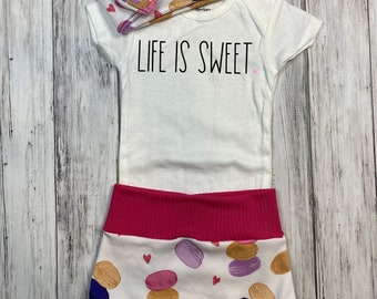 Life is sweet onesie, baby toddler macaroons print bummies bow and bodysuit