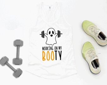 Working on my booty, funny halloween tank top, funny exercise tank top, ghost, barbell, halloween, squat