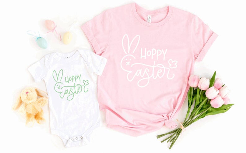 for ladies adult youth toddler infant Hoppy Easter bunny print Easter themed top t shirt or Onesie
