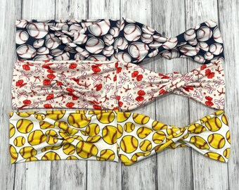 Play Ball baseball or softball print knotted or twist headbands