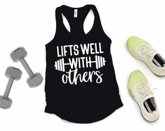 Lifts Well With Others funny barbell print ladies racerback exercise work out tank top