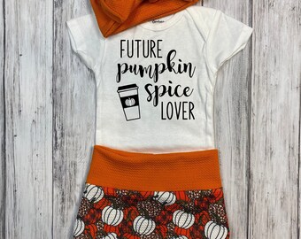 Future pumpkin spice lover baby toddler fall bummies headband and bodysuit set