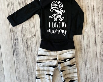 Mummy wrap joggers hat onesie baby toddler halloween outfit, i love my mummy bodysuit, baby toddler halloween outfit, mummy outfit