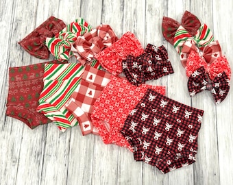 Christmas print baby or toddler bummies and bow sets