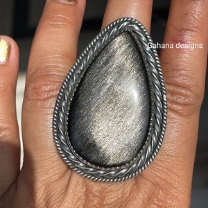 Handmade Sterling Silver Obsidian Ring: Large Oval Gemstone
