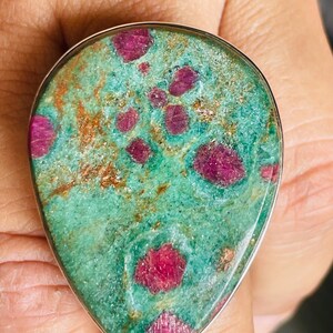Ruby Fuchsite Ring, Large Teardrop Statement Ring, Sterling Silver Gemstone Cocktail Ring, Green Pink Crystal Ring, Boho Gift for Her