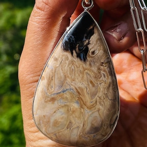 LARGE Petrified Wood Statement pendant,Natural Palm Root sterling Silver,Yellow black Boho Pendant, Gift For Her him