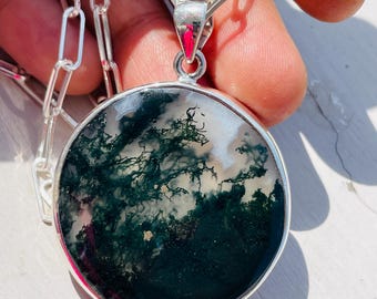 Handmade Moss Agate Pendant: 925 Sterling Silver, May Birthstone
