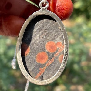 May include: Oval pendant necklace with a silver-colored frame. The pendant features a dark gray stone with reddish-orange circular patterns and a silver chain. The necklace is displayed against a blurred green background.