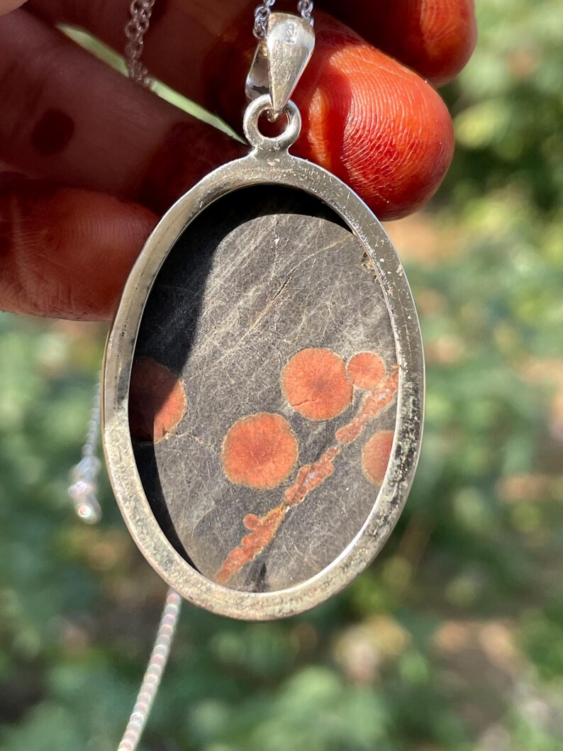 May include: Oval pendant necklace with a silver-colored frame. The pendant features a dark gray stone with reddish-orange circular patterns and a silver chain. The necklace is displayed against a blurred green background.