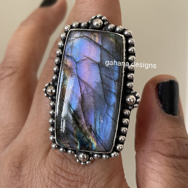 spectrolite Labradorite Ring Natural gemstone,solid 925 Sterling Silver natural  ring GRAY purple ring modern style ring gift