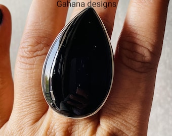 Black Onyx Ring,925 sterling silver,Natural Stone Ring,Large statment Ring,southwestern style,Handmade Gift For Her,Birthday,Halloween ring