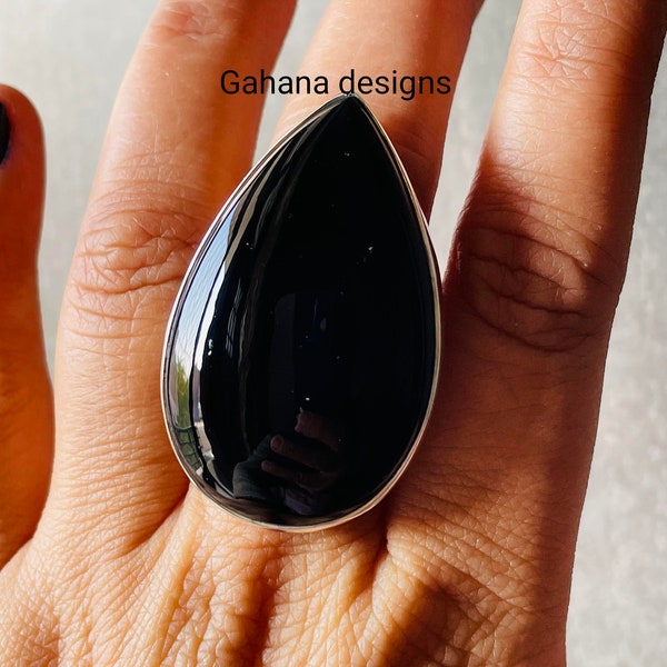 Black Onyx Ring,925 sterling silver,Natural Stone Ring,Large statment Ring,southwestern style,Handmade Gift For Her,Birthday,Halloween ring