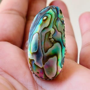 Abalone Shell Ring solid 925 sterling silver Natural Abalone Shell Jewelry Mother of Pearl,Rare peacock color Handmade Ring gift her