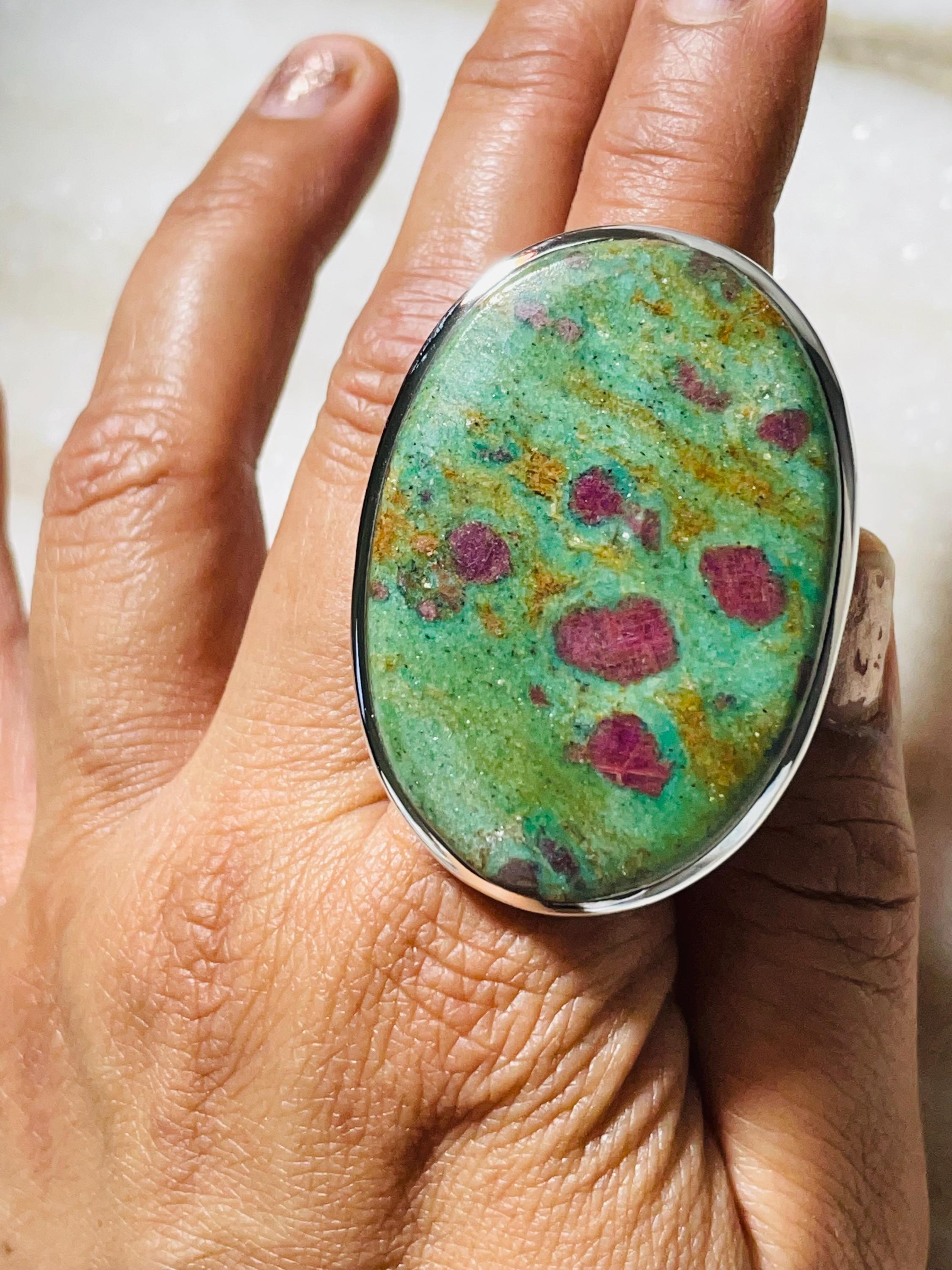 Ruby Fuchsite solid 925b sterling silver ring,natural fuchsite Crystal Ring Bohemian Style Ring gift her