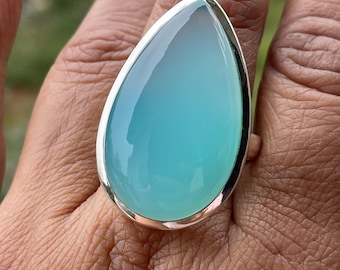 Sterling Silver Aqua Chalcedony Ring: Handmade Boho Statement Jewelry