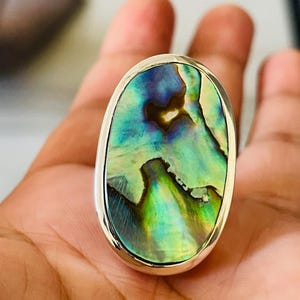 Abalone Shell Ring solid 925 sterling silver Natural Abalone Shell Jewelry Mother of Pearl,Rare peacock color Handmade Ring gift her