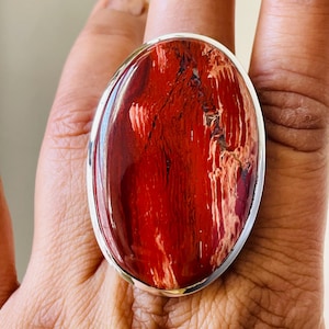 Oval Snakeskin Jasper Sterling Silver Ring: Rare Red Stone