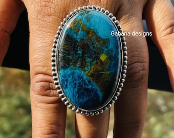 Handmade Sterling Silver Azurite Chrysocolla Ring: Oval Gemstone Jewelry