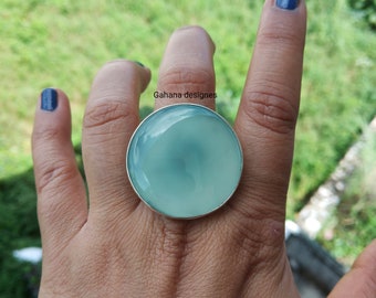 Handmade Aqua Chalcedony Ring: Sterling Silver Boho Cocktail Ring