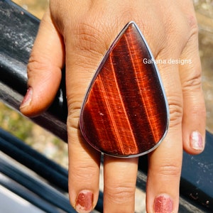 Red Tiger Eye Gemstone Ring solid 925 sterling silver Chunky Red Stone Ring Tiger&#39;s Eye with some natural scratch gift her him