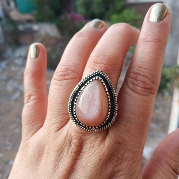 Peach Moonstone Ring Natural Peach Moonstone,Handmade Silver Ring, 925 Sterling Silver Ring,pear Moonstone Ring-Promise Ring-Gift For Her