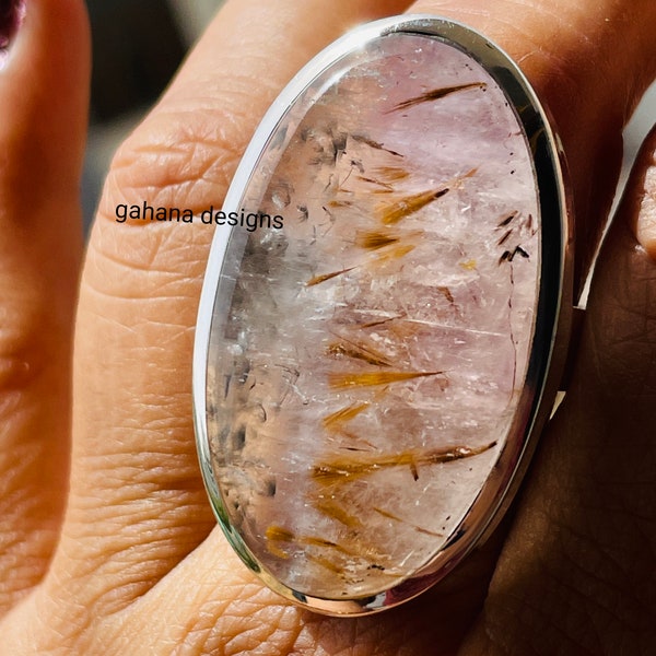 ONE OF KIND Cacoxenite Ring,Unique Handmade solid 925 Sterling Silver Ring,Cacoxenite Gemstone Super Seven with Natural visible inclusions