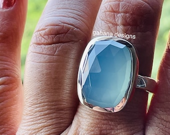 Handmade Sea Green Chalcedony Ring: 925 Sterling Silver, Cushion Cut