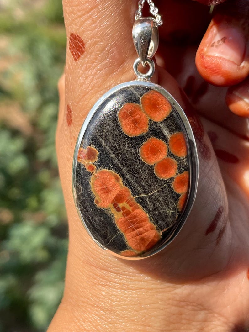 May include: Oval pendant necklace featuring a dark gray stone with vibrant orange spots and patterns. The stone is set in a silver-colored bezel and hangs from a delicate silver chain. A unique piece of jewelry.