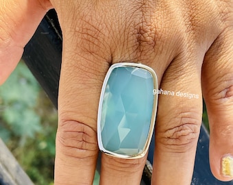 Handmade Seafoam Chalcedony Ring: Cushion Cut Sterling Silver Boho Ring