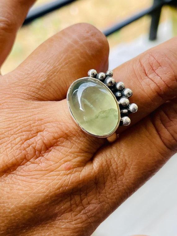 Natural prehnite solid sterling silver ring,Handmade Green Prehnite Gemstone  gift her