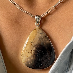 LARGE Petrified Wood Statement pendant,Natural Palm Root sterling Silver,Yellow black Boho Pendant, Gift For Her him