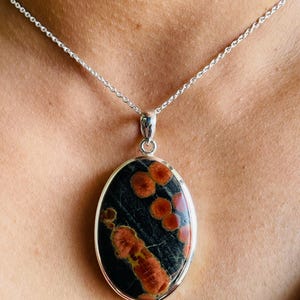May include: Oval pendant necklace featuring a dark stone with red and orange patterns, set in a silver-colored metal frame. The pendant hangs from a delicate silver chain, creating a striking contrast.