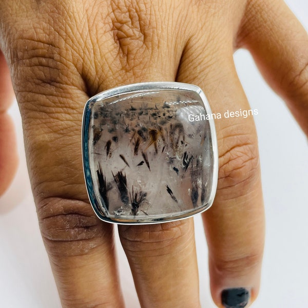 ONE OF KIND square Cacoxenite Ring,solid 925 Sterling Silver Unique Handmade Super Seven with Natural visible inclusions Father'd day gift