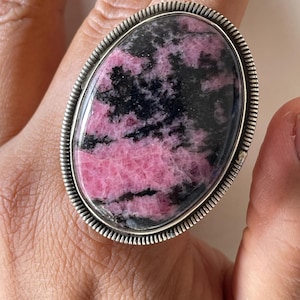 Rhodonite Ring,  Oval Pink Black Statement Ring, Sterling Silver Ribbed Bezel Cocktail Ring,  Boho Ring, Unique Gift for Women