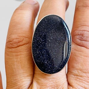Crystal Goldstone solid silver gemstone Ring Blue Unique jewelry for Women birthdstone Everyday Ring gift her