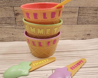 Personalized Ice Cream Bowl, Ice Cream Bowl with Spoon, Kids Ice Cream Bowl, Kids Party Favor, Personalized Bowl, Custom Party, Cyber Deal