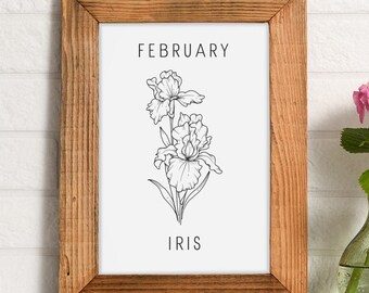 February Birth Month Flower Print Iris Wall Art Botanical Wall Art Birthday Gift Print Iris Illustration Digital Download Poster