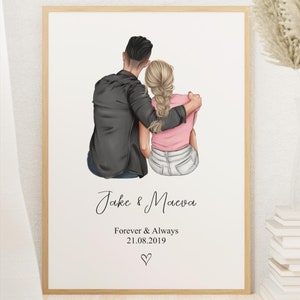Individuell gefertigtes Paar Portrait Illustration Handgezeichnetes Poster Digitaldruck Romantische Wand Kunst Jahrestag Hochzeit Geschenk Partner Freundin Freund